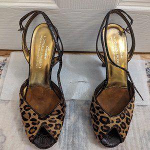 Donald Pliner Calfhair and leather, leopard print, open toe heels